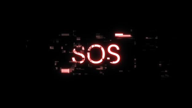 3D rendering SOS text with screen effects of technological glitches