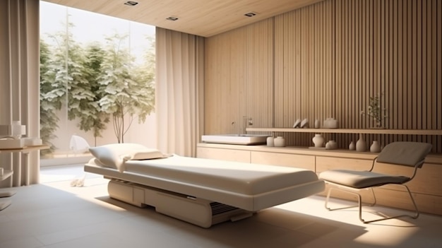 3D rendering of a spa room with a large window in the background