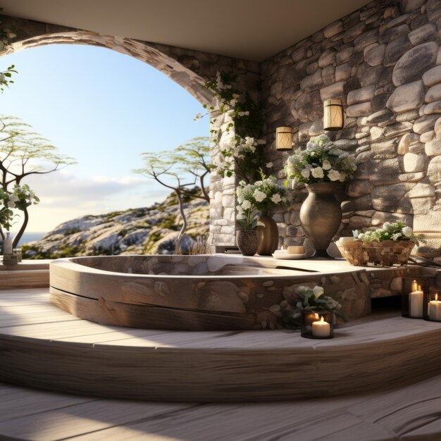 3D rendering of a spa with natural stone elements Generative AI