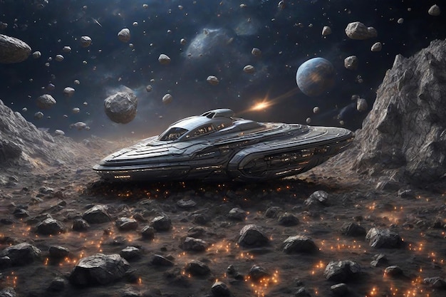 3D rendering of a space ship floating in the space surrounded by planets