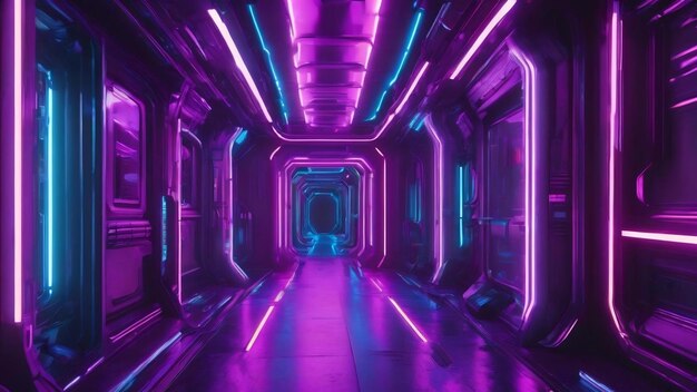 3d rendering of spaceship corridor neon glowing blue purple background futuristic cyberpunk concept