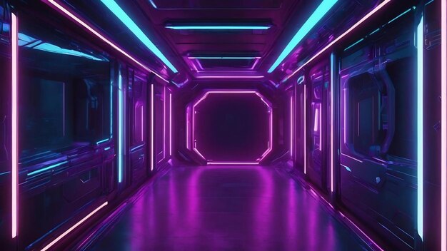 3d rendering of spaceship corridor neon glowing blue purple background futuristic cyberpunk concept