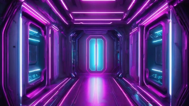 3d rendering of spaceship corridor neon glowing blue purple background sci fi illustration