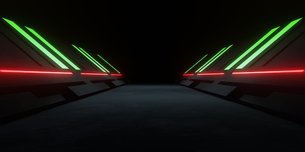 3d rendering of spaceship corridor with green red neon glowing background. Sci Fi Illustration