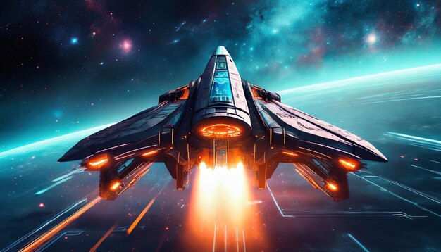 Photo a 3d rendering of a spaceship taking off into space with a cyberpunk look and wide aspect ra