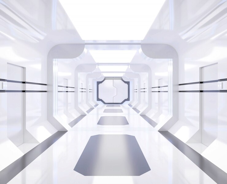 Photo 3d 렌더링 우주선보기, 터널, 복도와 흰색과 밝은 인테리어