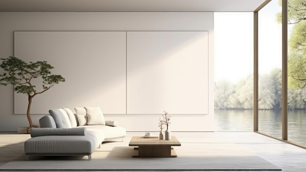 3D rendering of a spacious living room with a large window overlooking a lake