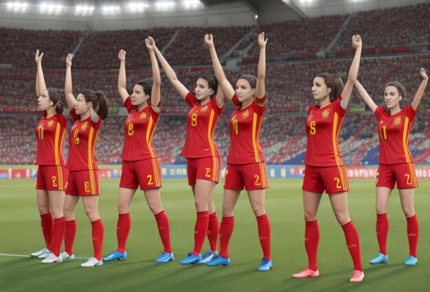 A 3d rendering of the spanish women's national football teamtheir arms raised