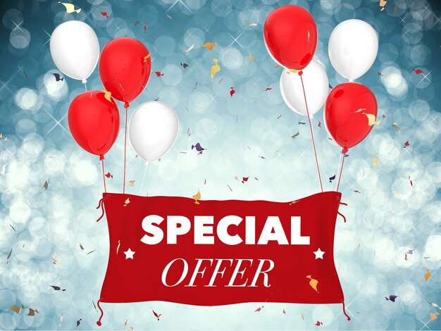 3d rendering special offer concept with red cloth banner, red balloons and confetti