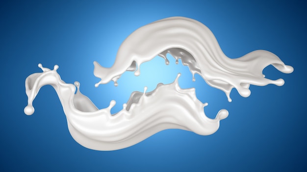 Foto spruzzata della rappresentazione 3d di latte su fondo blu