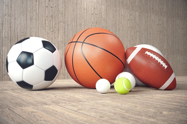 3d rendering sport balls on wooden backgorund. set of sport\
balls. sport equipment such us football, basketball, baseball,\
tennis, golf ball for team and individual playing for recreation\
and improve