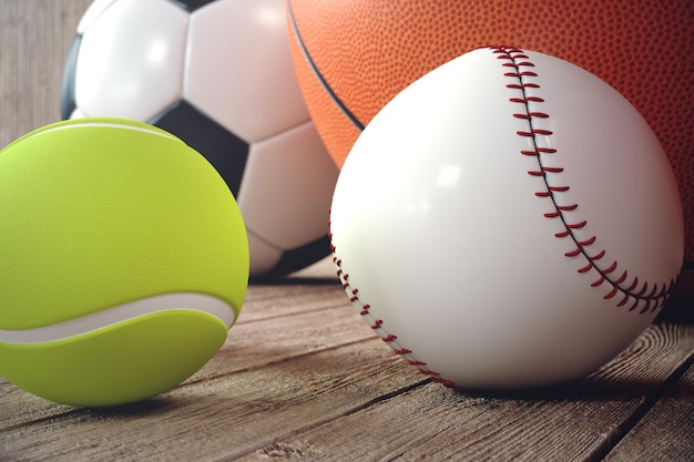 3d rendering sport balls on wooden backgorund. Set of sport balls. Sport equipment such us football, basketball, baseball, tennis, golf ball for team and individual playing for recreation and improve