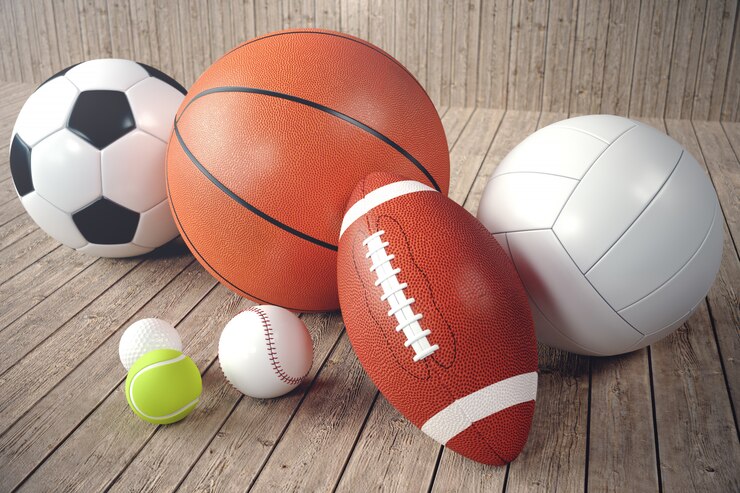 3d rendering sport balls on wooden backgorund