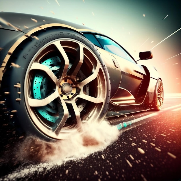 3D rendering Sport Car Raceing on race track Car wheel generative AI