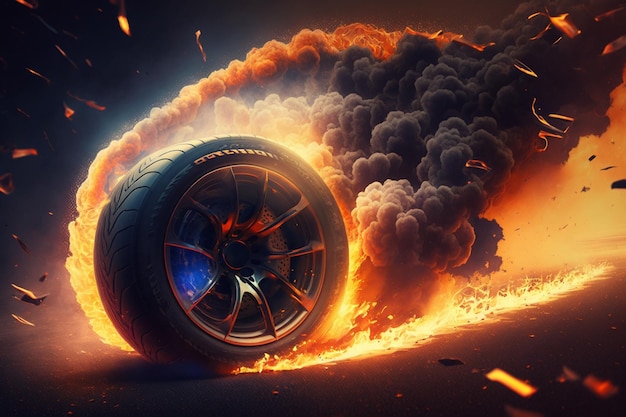 3D rendering Sport Car Raceing on race track with fire burning Car wheel driftingGenerate Ai