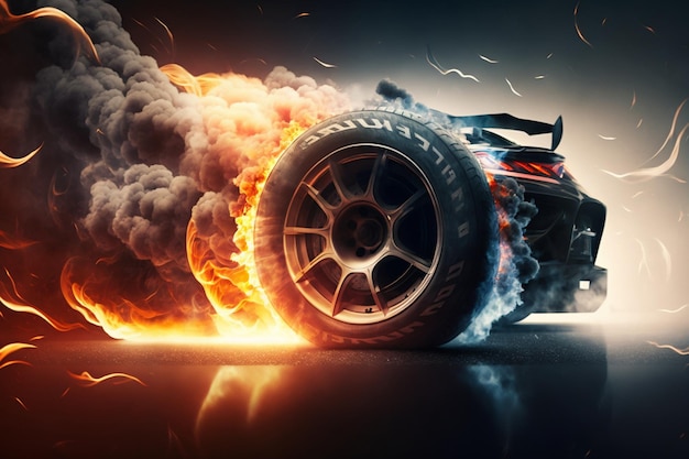 3D rendering Sport Car Raceing on race track with fire burning Car wheel driftingGenerate Ai