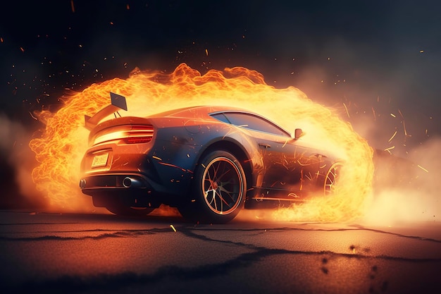 3D rendering Sports Car Racing on race track with the fire burning Car wheel drifting Generative Ai