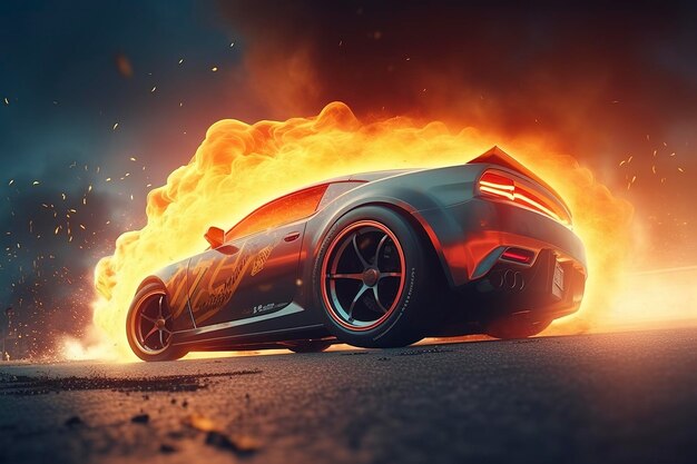 Photo 3d rendering sports car racing on race track with the fire burning car wheel drifting generative ai