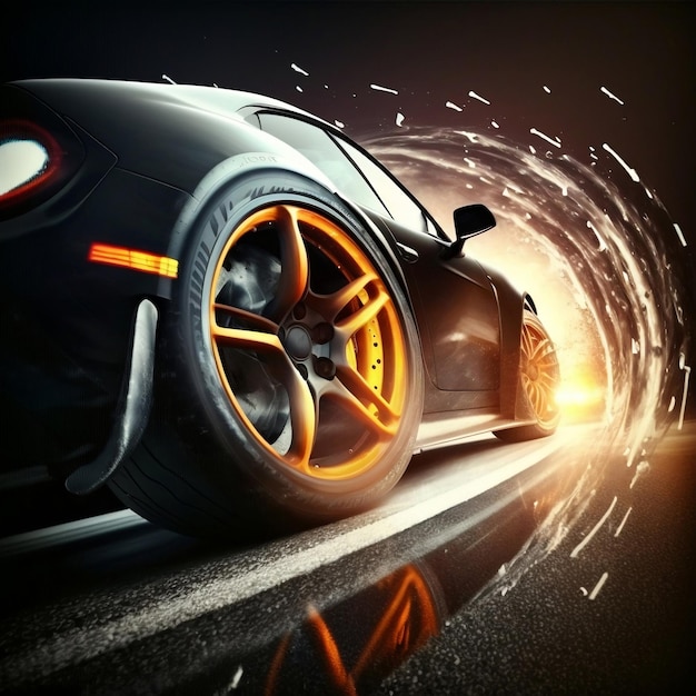 3D rendering of a sports car racing on a racetrack with its wheels drifting