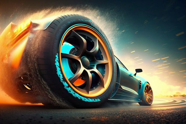 3D-rendering Sportwagen Racen op racebaan Autowiel driftingGenerate Ai