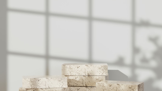 Rendering 3d del podio quadrato con motivo in marmo per la visualizzazione dello sfondo dei prodotti. mockup per prodotto da esposizione.