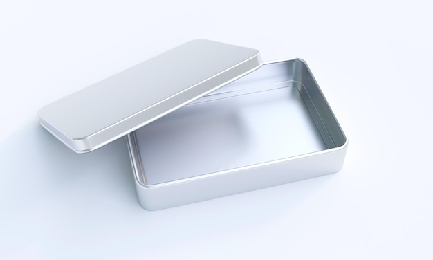 Photo 3d rendering of square shaped tin box on white background.