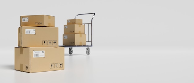 3D rendering, stack of cardboard boxes and cart in the storage warehouse, 3D illustration