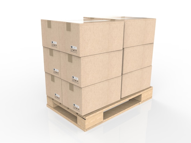 3d rendering stack of cardboard boxes on wooden pallet