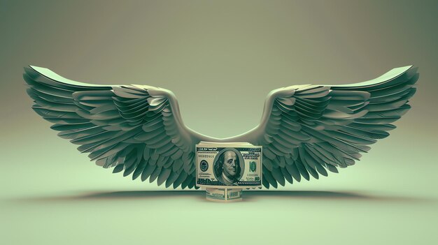 3D-рендеринг стопки денег с крыльями Деньги сделаны из стодолларовых купюр
