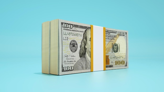 3d rendering of Stacks of US dollar notes double bundles of US currency isolated on blue background