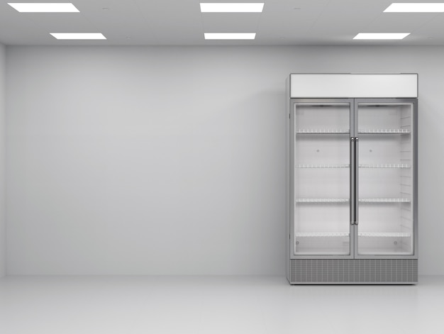 Photo 3d rendering stainless steel commercial fridge in empty room