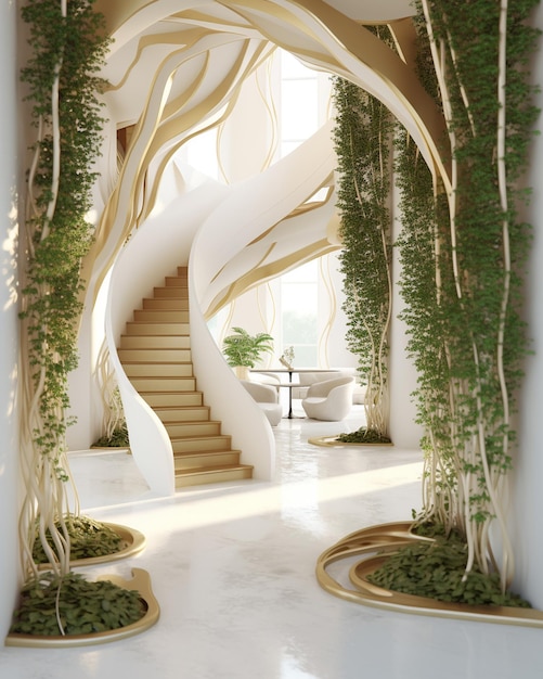 A 3d rendering of a staircase with trees in the middle.