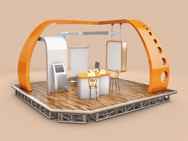 Foto rendering 3d di stand, design con tavolo e sedia, pannello informativo, roll up. tracciato di ritaglio incluso.