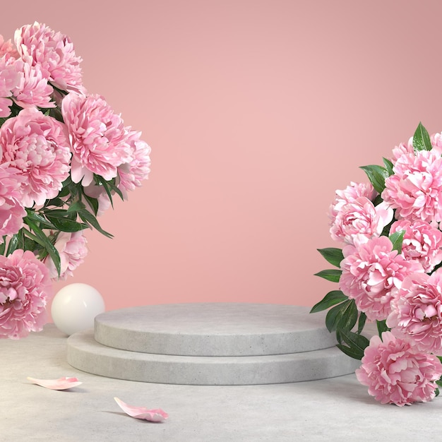 3d rendering stap lege podium display planken beton cement met boeket bloemen bloem roze achtergronden illustratie