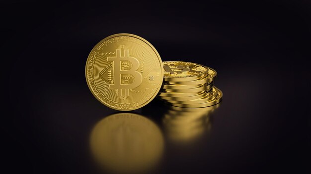 3D-rendering Stapel bitcoin Cryptocurrency gouden Bitcoins op zwarte achtergrond