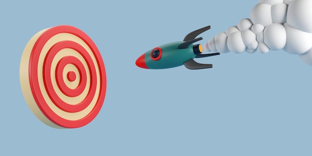 3D rendering of Start up rocket aiming to a red target power marketing strategy