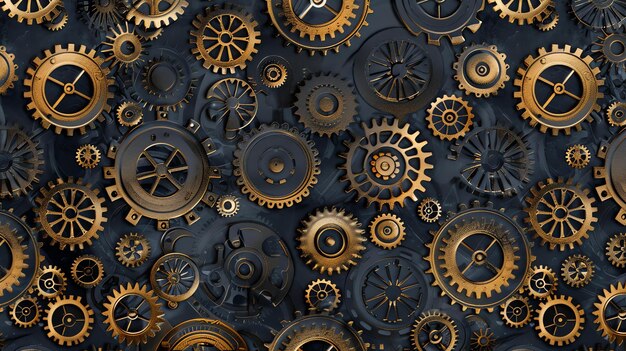 Photo 3d rendering of a steampunk background with a variety of gears and cogs the gears are made of metal and have a shiny reflective surface