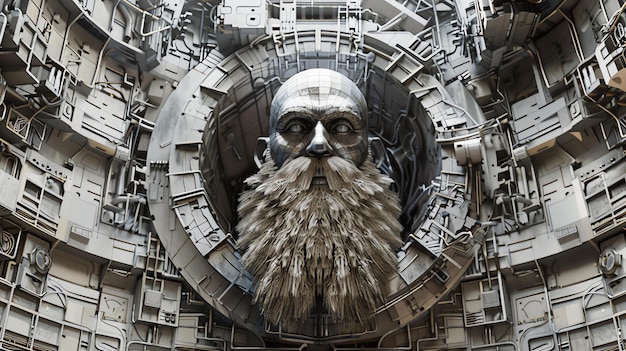Photo 3d rendering of a steampunk style robot head with a long beard made of wires the head is set against a backdrop of a complex mechanical structure
