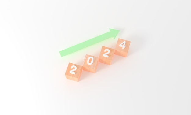 3D-рендеринг шагов деревянные кубики и стрелки Бизнес-цели в 2024 году концепция Счастливого нового года деревянных кубиков с белым фоном копировать пространство начинающий бизнес-план минимальный простой целевой календарный год