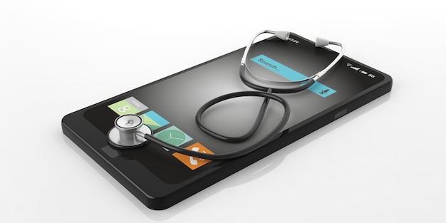 Photo 3d rendering stethoscope on a smart phone