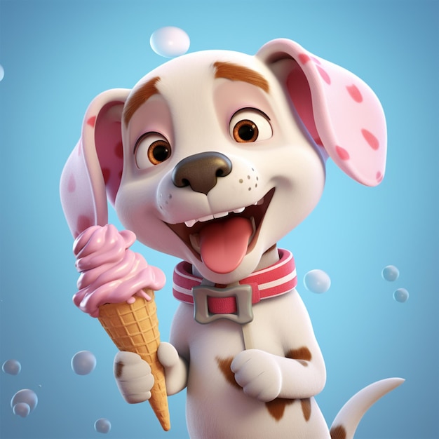 3D rendering stijl schattige puppy eten ijsje kegel