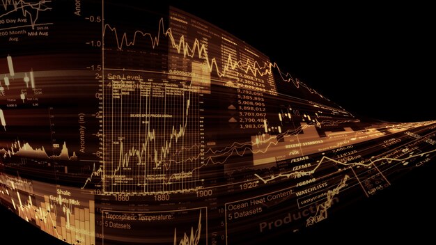 3D rendering of stock indexes in virtual space Economic growth recession