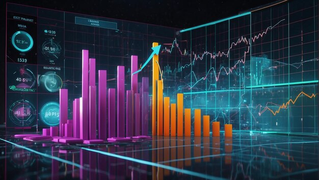 A 3D rendering of a stock market graph with green and red bars