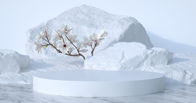 Rendering 3d di podio in pietra e piccolo albero