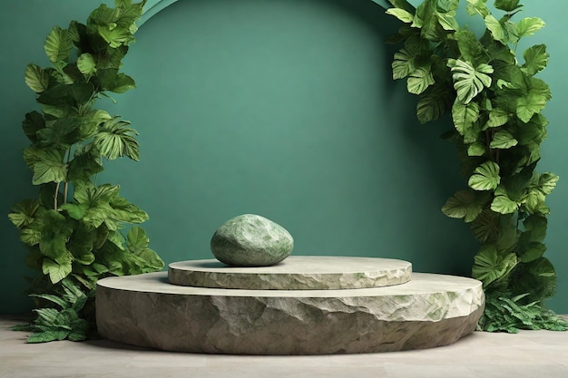 3D rendering of a stone podium with tropical leaves Minimal design