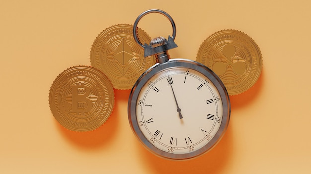 3D Rendering Stopwatch And Golden Crypto Coins On Yellow Background.
