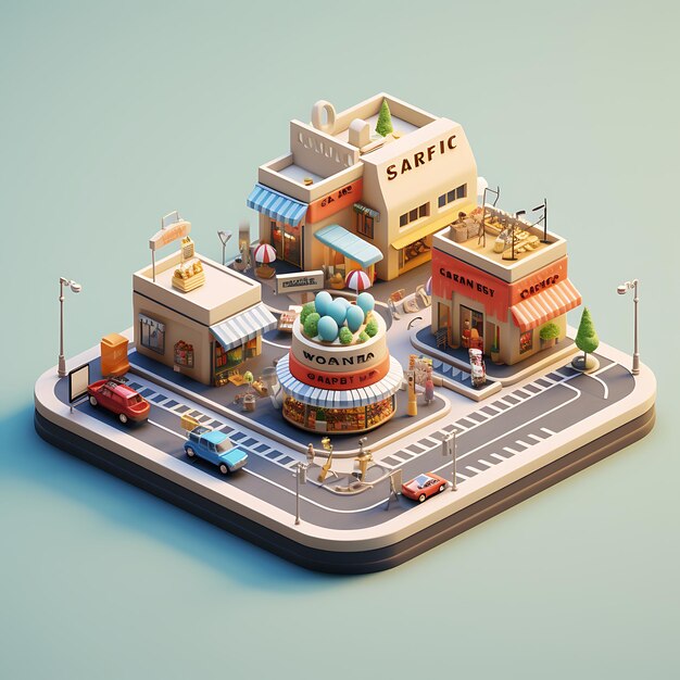 Photo 3d rendering of street food market city isometric miniature