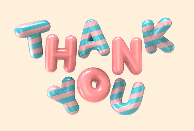 Photo 3d rendering striped pink and blue thank you foil balloon phrase on light orange background