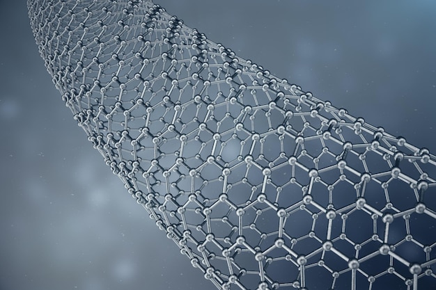 그래핀 튜브의 3D 렌더링 구조, 추상 나노기술 육각형 기하학적 형태 클로즈업. 그래핀 원자 구조 개념, 탄소 구조.