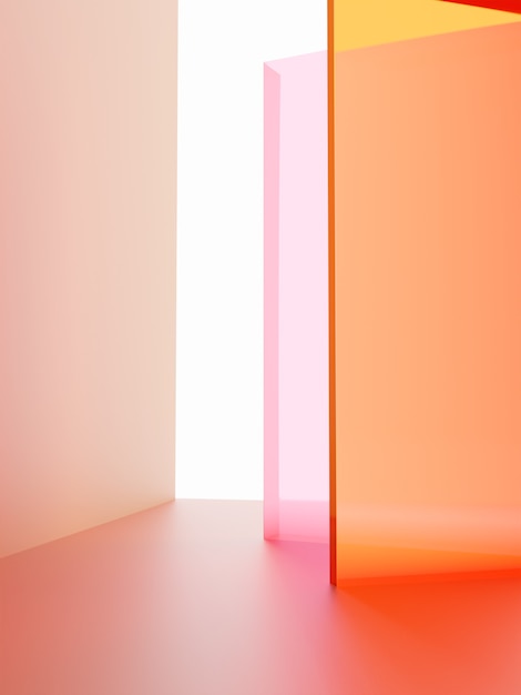 3D-rendering Studio-opname Levendig of neonroze en oranje transparant acrylbord dat overlapt